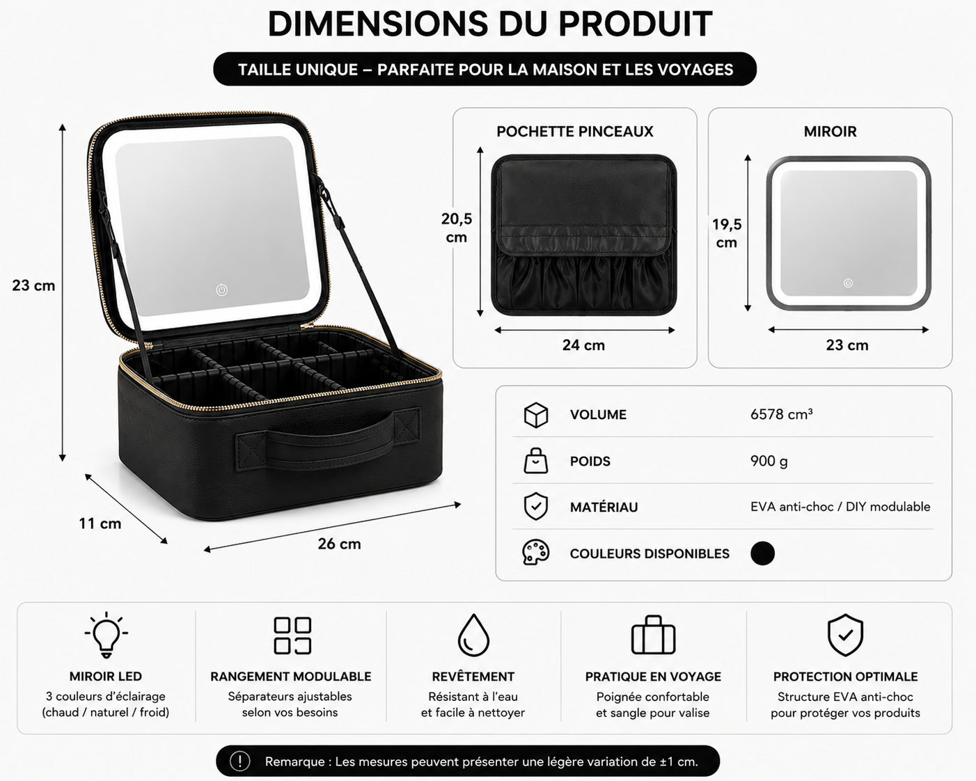 Trousse de maquillage avec miroir LED amovible