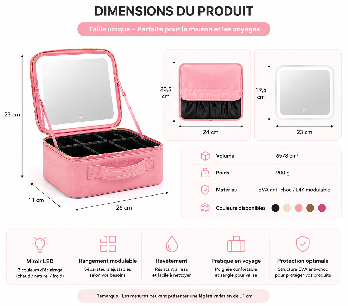 Trousse de maquillage avec miroir LED amovible